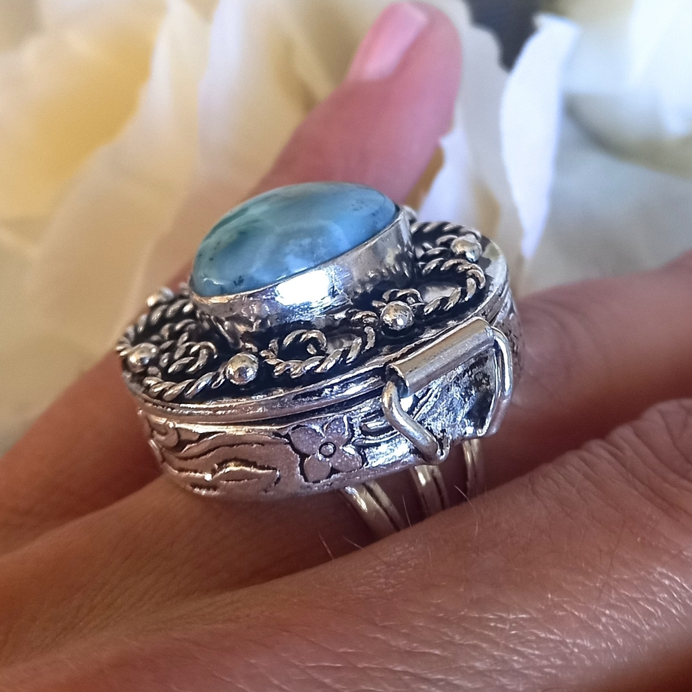 Vintage Larimar Poison Box Sterling Silver Ring 925 - Picture 2 of 6